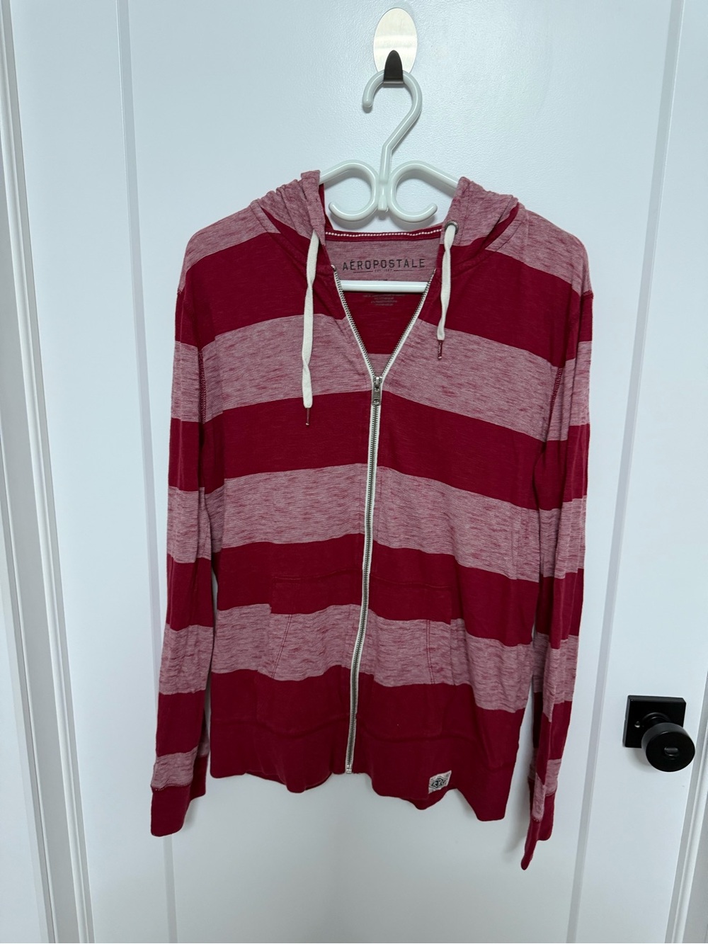 Aeropostale Women's Burgundy and Light Red Striped Zip Hoodie